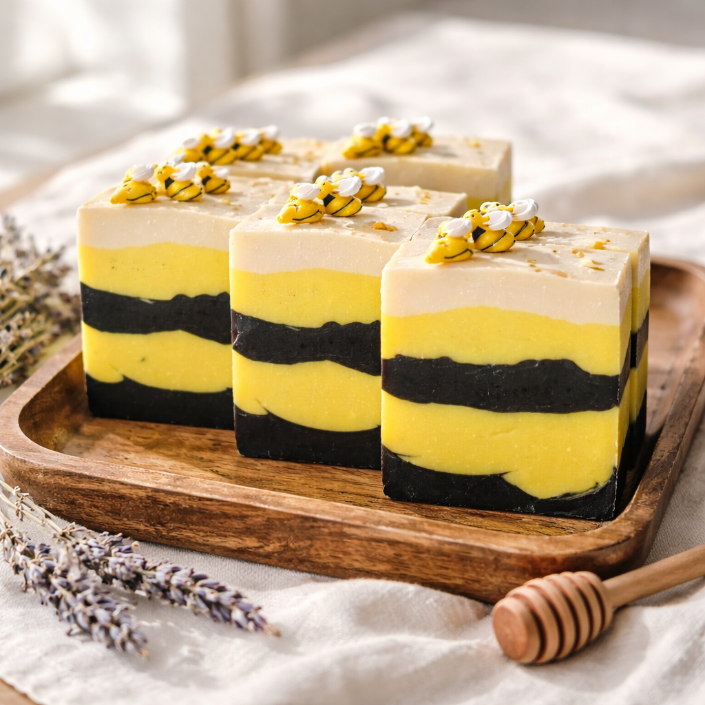 Three layered soap bars with bee design on a wooden tray.