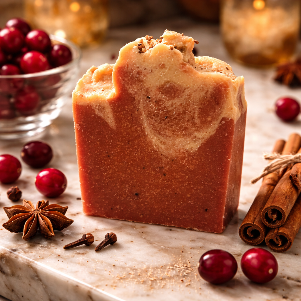 Bar of soap with a decorative swirl, surrounded by cranberries, cinnamon sticks, and star anise on a marble surface.